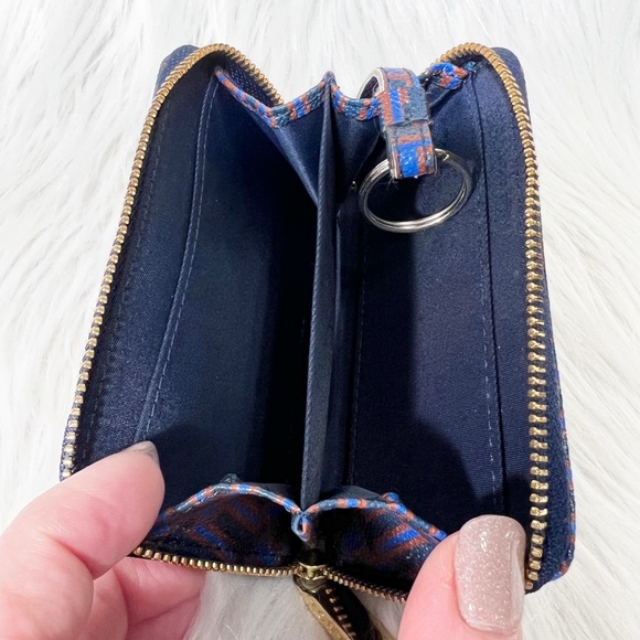 Tory Burch Blue Tan Leather T Logo Print Mini Key Card Wallet - Picture 7 of 7